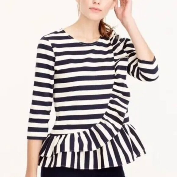 J. Crew Tops - J.Crew Asymmetrical Black & White Striped Ruffle Peplum Blouse
